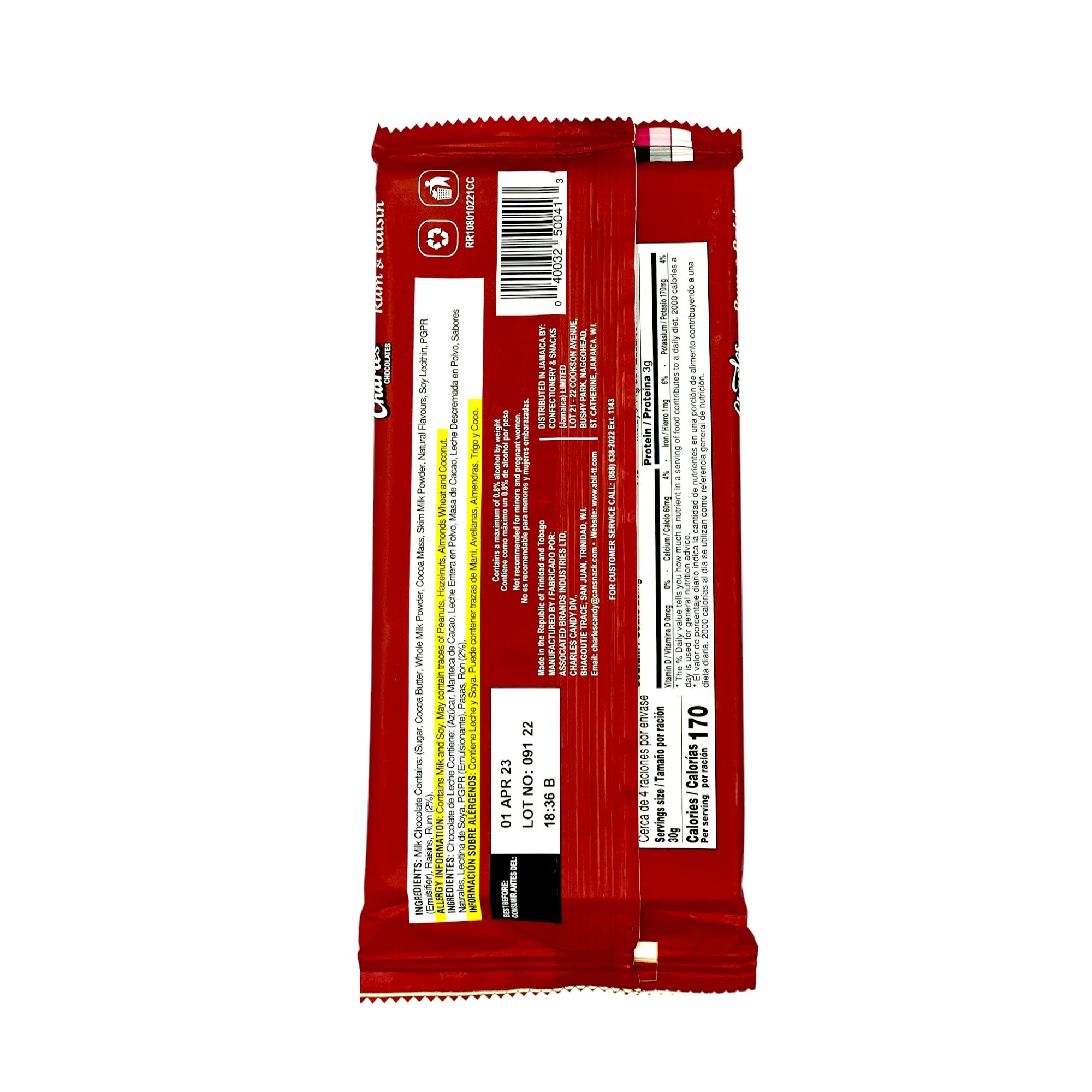 CHARLES RUM & RAISIN CHOCOLATE BAR 108 G (3.81 OZ)