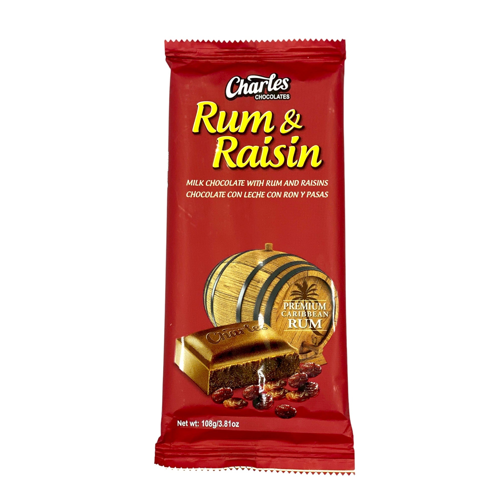 CHARLES RUM & RAISIN CHOCOLATE BAR 108 G (3.81 OZ)